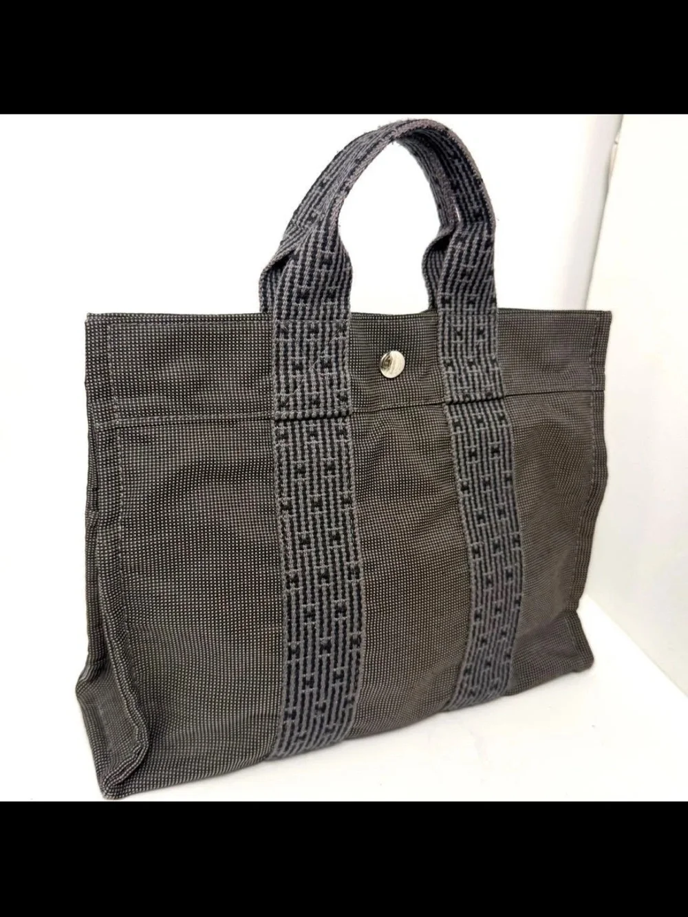 Hermes Dark Gray Canvas Messenger Tote with Webbed Straps